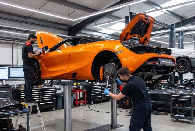 McLaren supercar serviced by specialist technicians in a Dubai workshop